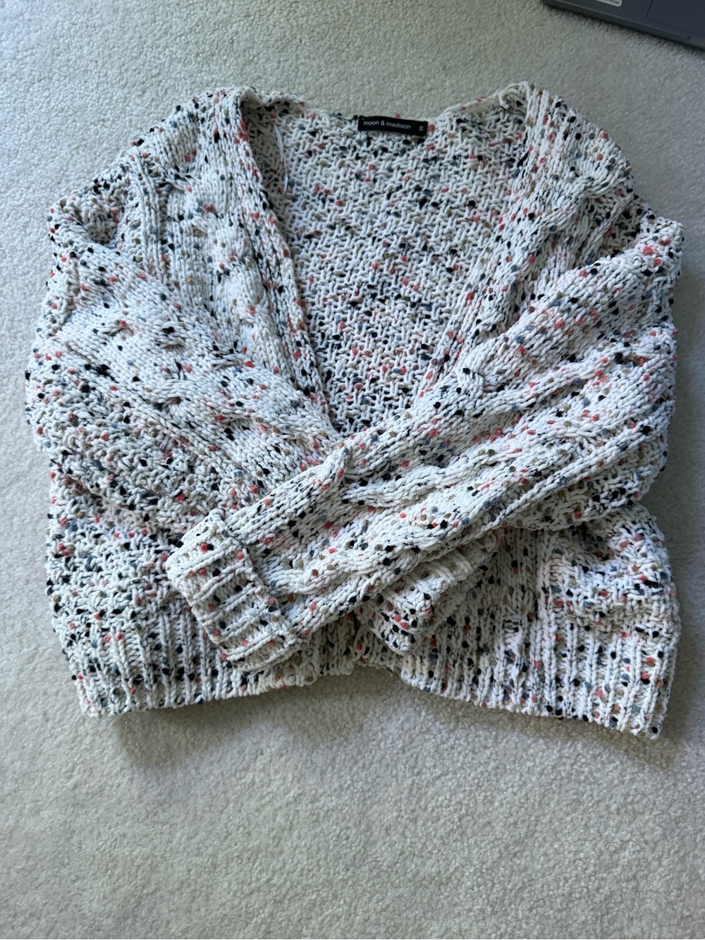 Open Front Speckled Knit Cardigan Sweater - White with Multi Speckle